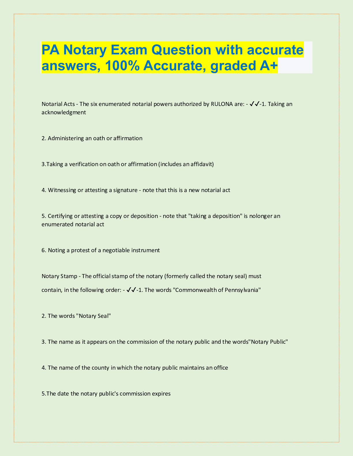 PA Notary Exam Question with accurate answers, 100 Accurate, graded A+
